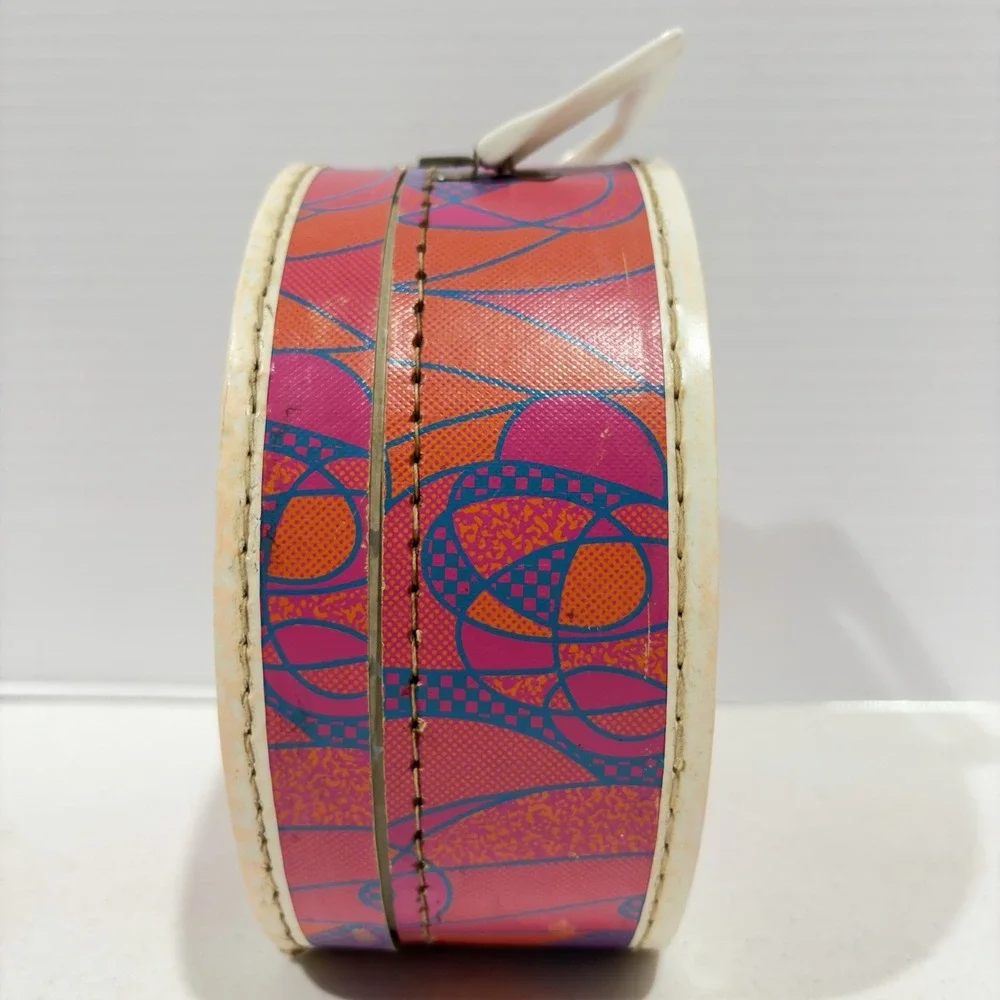 Vintage 1970's Mod Psychedelic Round Doll Case Hat Box Child's Suitcase Pink